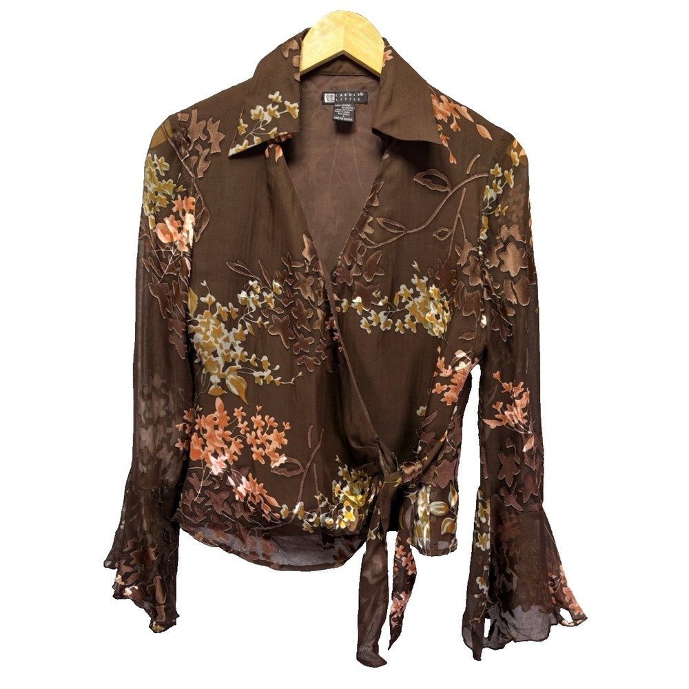 Vtg Carole Little Women Top Silk Brown Floral Y2K ‎ V Neck Bell Fairy Coquette S